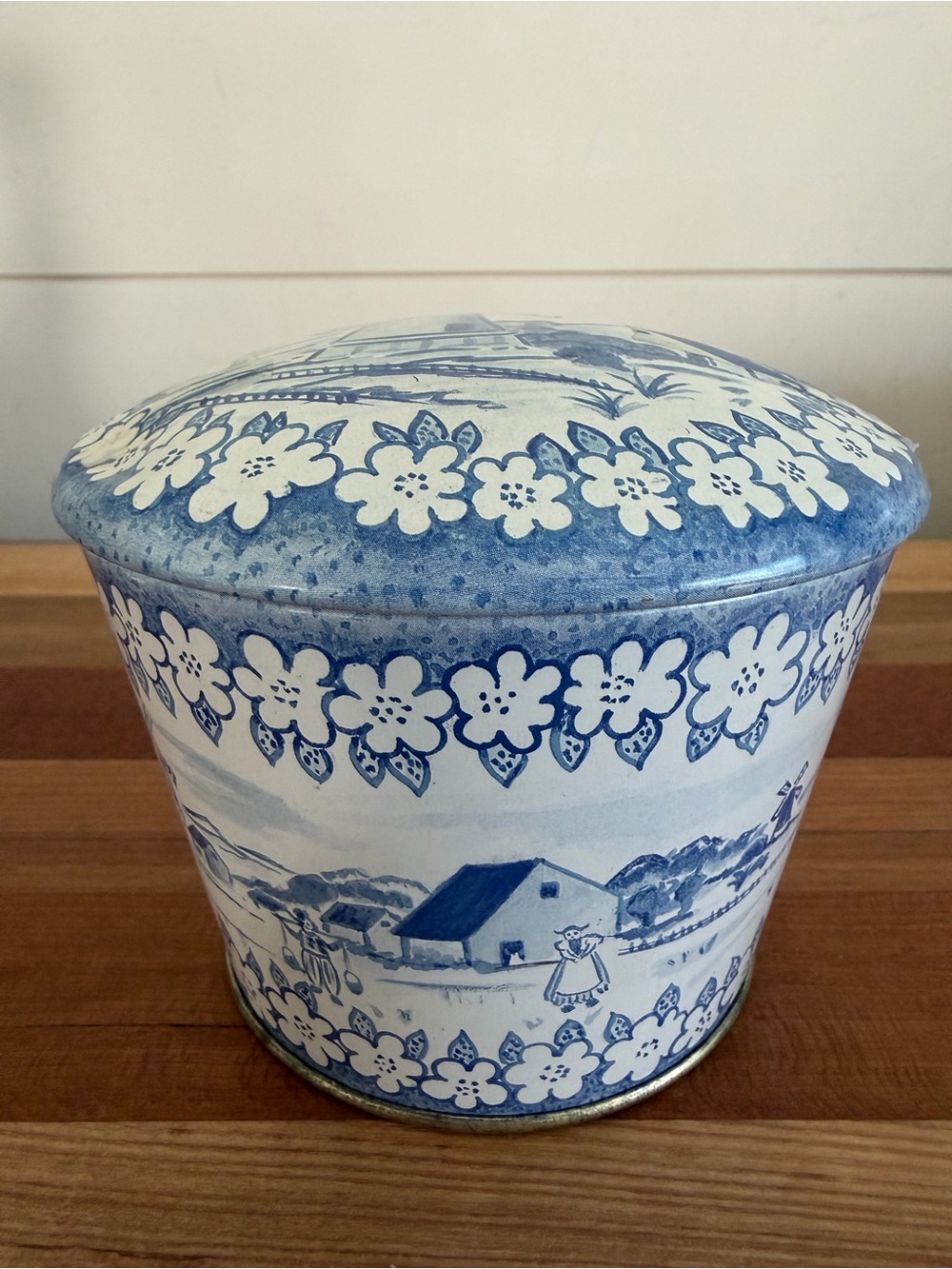 Vintage Meister Blue Floral Tin Canister Windmill Brazil